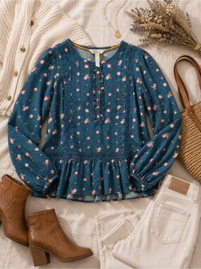 Matilda Jane Teal Floral Peplum Top Boho Cottagecore Small